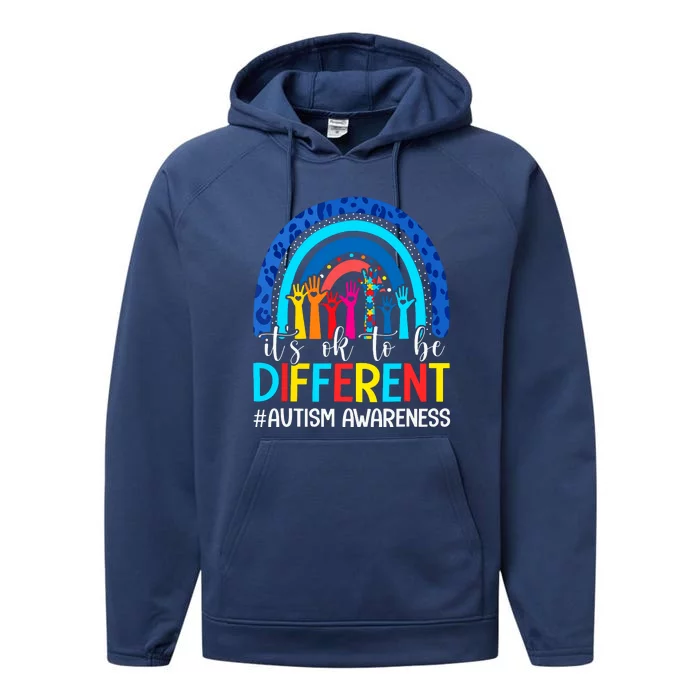 Its Ok To Be Different Autism Awareness Leopard Rainbow Performance Fleece Hoodie