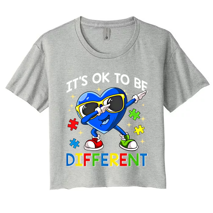 Its Ok To Be Different Autism Awareness Dabbing Blue Heart Funny Gift Women's Crop Top Tee