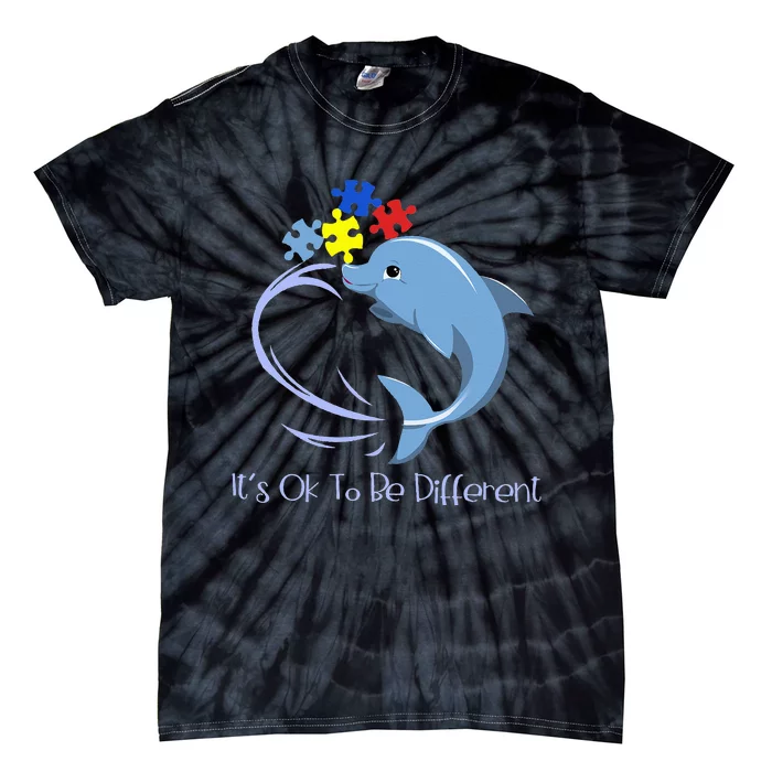 It's Ok To Be Different Autism Awareness Dolphin Puzzle Tie-Dye T-Shirt