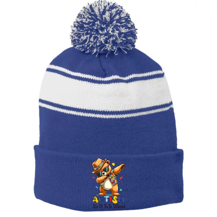 ItS Ok To Be Different Autism Awareness Dabbing Bear Animal Great Gift Stripe Pom Pom Beanie