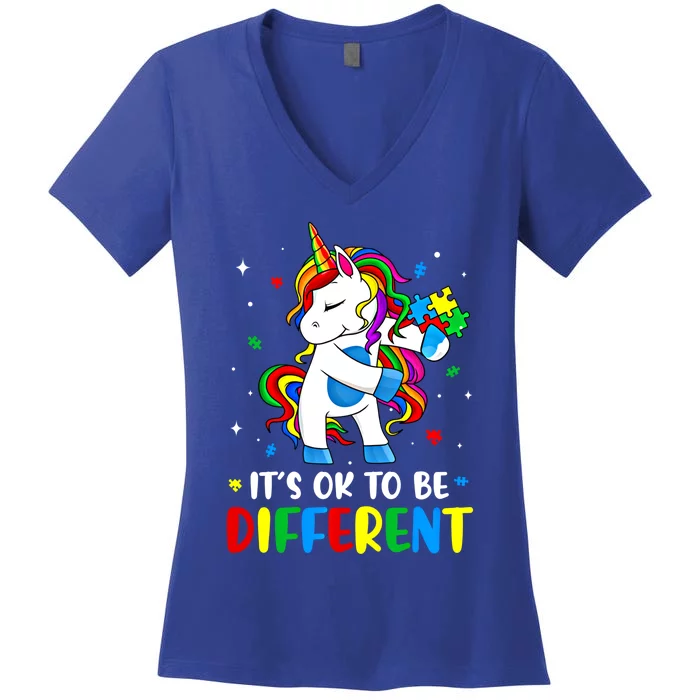 Its Ok To Be Different Autism Awareness Puzzle Piece Unicorn Gift Women's V-Neck T-Shirt