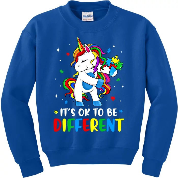 Its Ok To Be Different Autism Awareness Puzzle Piece Unicorn Gift Kids Sweatshirt