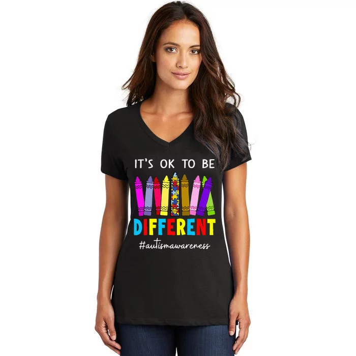 It's Ok To Be Different Autism Awareness Crayons Teacher Women's V-Neck T-Shirt