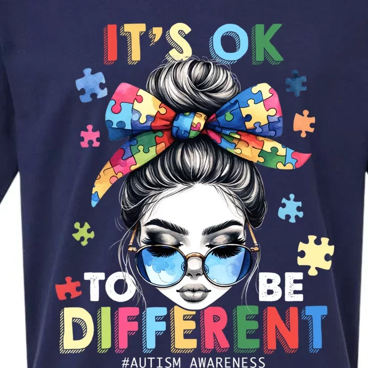 ItS Ok To Be Different Autism Awareness Messy Bun Gift Sueded Cloud Jersey T-Shirt