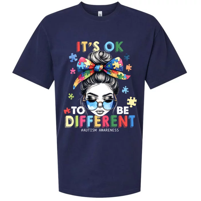 ItS Ok To Be Different Autism Awareness Messy Bun Gift Sueded Cloud Jersey T-Shirt