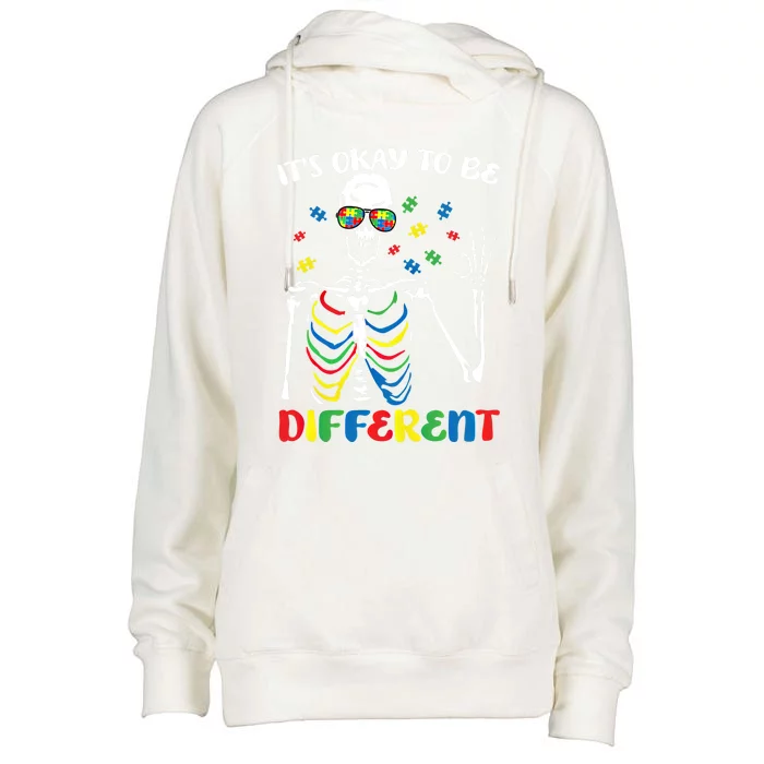 Its Okay To Be Different Autism Awareness Skeleton Puzzle Cool Gift Womens Funnel Neck Pullover Hood