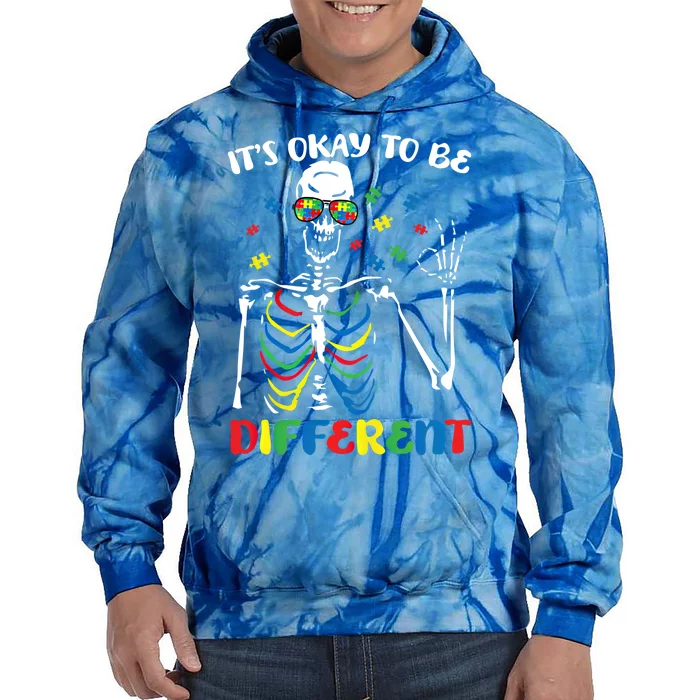 Its Okay To Be Different Autism Awareness Skeleton Puzzle Cool Gift Tie Dye Hoodie