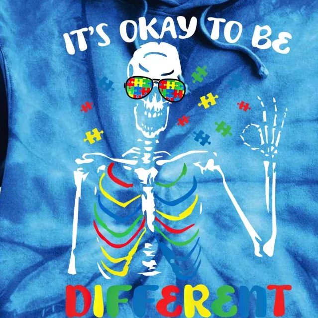 Its Okay To Be Different Autism Awareness Skeleton Puzzle Cool Gift Tie Dye Hoodie