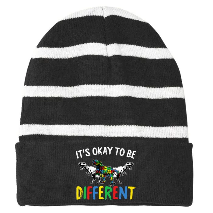 Its Ok To Be Different Autism Awareness Cute T-Rex Striped Beanie with Solid Band