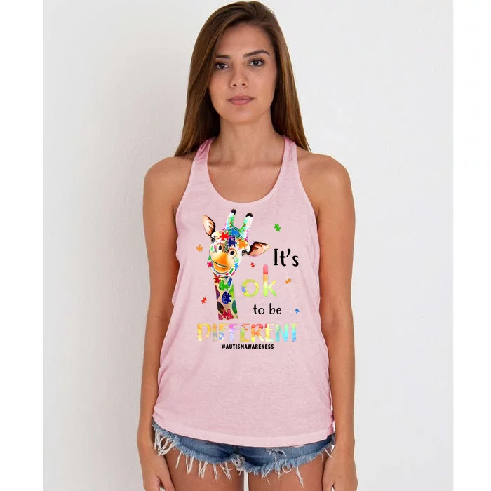 It's Ok To Be Different Autism Awareness Puzzle Giraffe Women's Knotted Racerback Tank