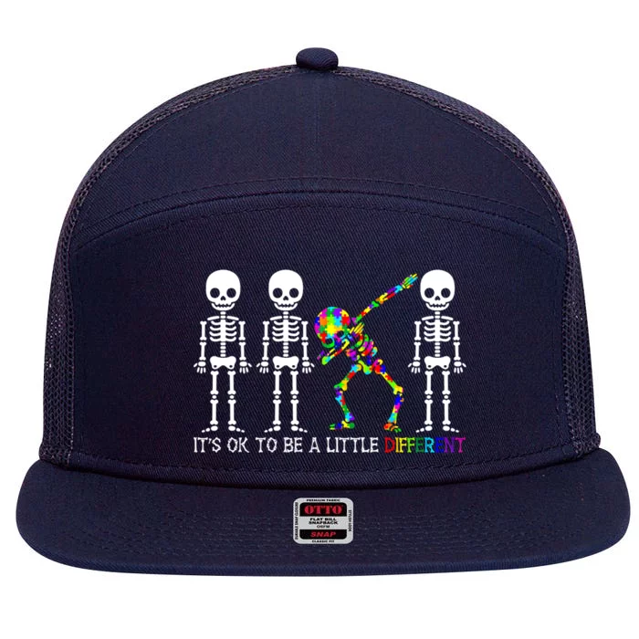 ItS Ok To Be A Little Different Autism Awareness Skeleton Gift 7 Panel Mesh Trucker Snapback Hat