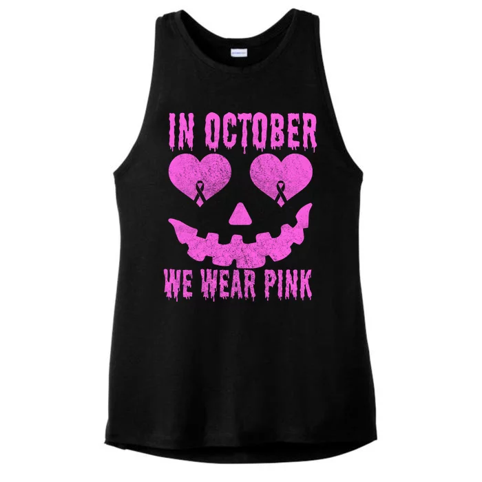 In October We Wear Pink Breast Cancer Pink Jackolantern Halloween Ladies Tri-Blend Wicking Tank