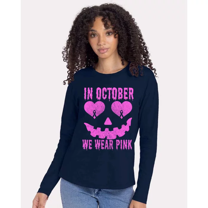 In October We Wear Pink Breast Cancer Pink Jackolantern Halloween Womens Cotton Relaxed Long Sleeve T-Shirt