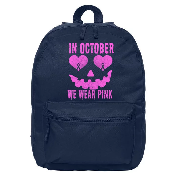 In October We Wear Pink Breast Cancer Pink Jackolantern Halloween 16 in Basic Backpack