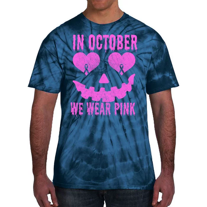 In October We Wear Pink Breast Cancer Pink Jackolantern Halloween Tie-Dye T-Shirt