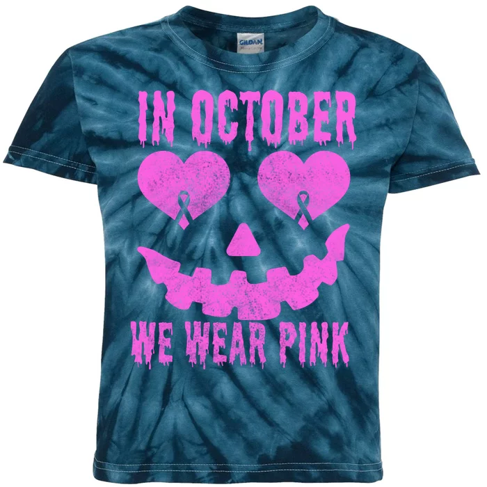 In October We Wear Pink Breast Cancer Pink Jackolantern Halloween Kids Tie-Dye T-Shirt