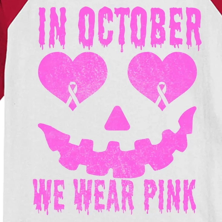 In October We Wear Pink Breast Cancer Pink Jackolantern Halloween Kids Colorblock Raglan Jersey