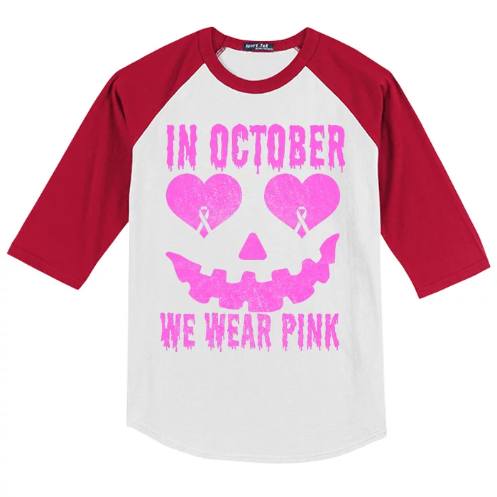 In October We Wear Pink Breast Cancer Pink Jackolantern Halloween Kids Colorblock Raglan Jersey