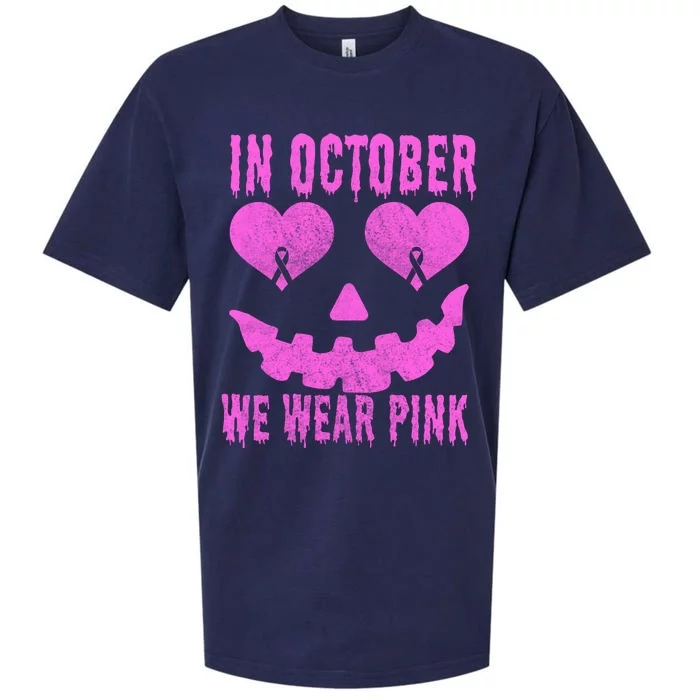 In October We Wear Pink Breast Cancer Pink Jackolantern Halloween Sueded Cloud Jersey T-Shirt