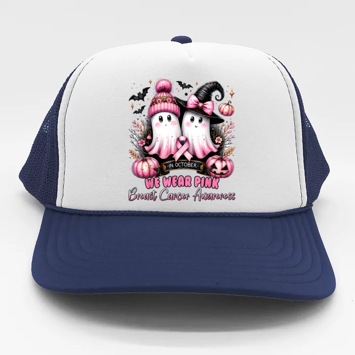 In October We Wear Ghost Witch Breast Cancer Awareness Trucker Hat