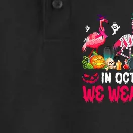 In October We Wear Pink Flamingos Breast Cancer Halloween Dry Zone Grid Performance Polo