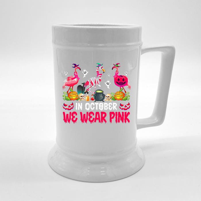 In October We Wear Pink Flamingos Breast Cancer Halloween Front & Back Beer Stein