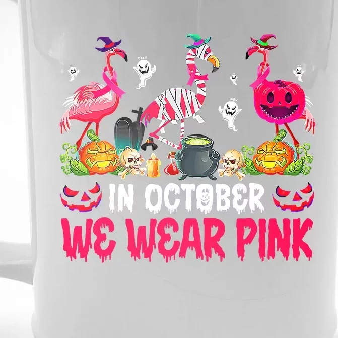 In October We Wear Pink Flamingos Breast Cancer Halloween Front & Back Beer Stein