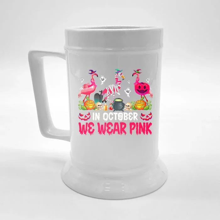 In October We Wear Pink Flamingos Breast Cancer Halloween Front & Back Beer Stein