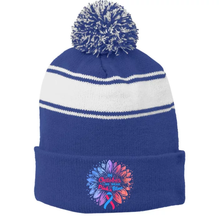 In October We Wear Pink And Blue Ribbon Support Breast Cancer Cute Gift Stripe Pom Pom Beanie