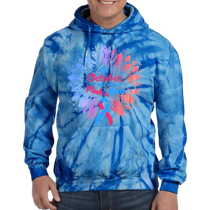 In October We Wear Pink And Blue Ribbon Support Breast Cancer Cute Gift Tie Dye Hoodie