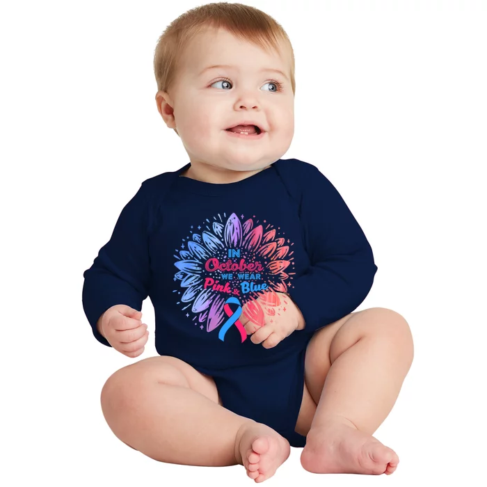 In October We Wear Pink And Blue Ribbon Support Breast Cancer Cute Gift Baby Long Sleeve Bodysuit