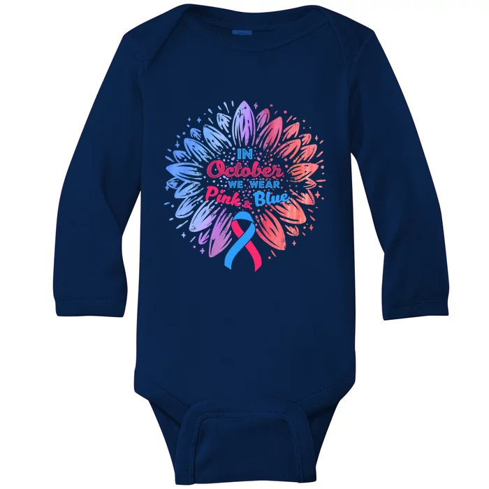 In October We Wear Pink And Blue Ribbon Support Breast Cancer Cute Gift Baby Long Sleeve Bodysuit