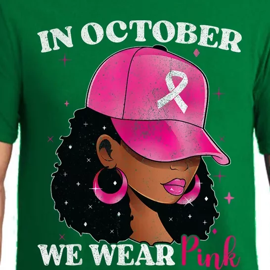 In October We Wear P.I.N.K Black Woman Breast Cancer Awareness Pajama Set