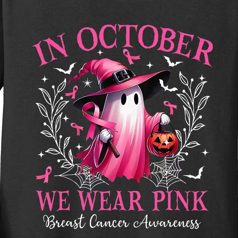 In October We Wear Ghost Witch Breast Cancer Awareness Kids Long Sleeve Shirt