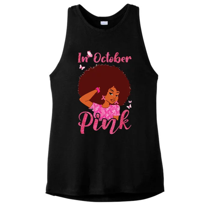 In October We Wear Pink Black Woman Breast Cancer Awareness Ladies Tri-Blend Wicking Tank