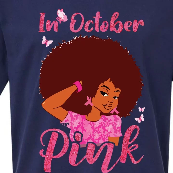 In October We Wear Pink Black Woman Breast Cancer Awareness Sueded Cloud Jersey T-Shirt