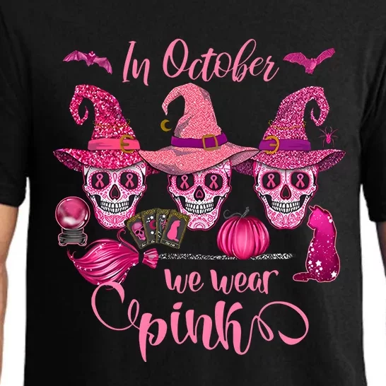 In October We Wear Pink Skull Witch Breast Cancer Awareness Pajama Set