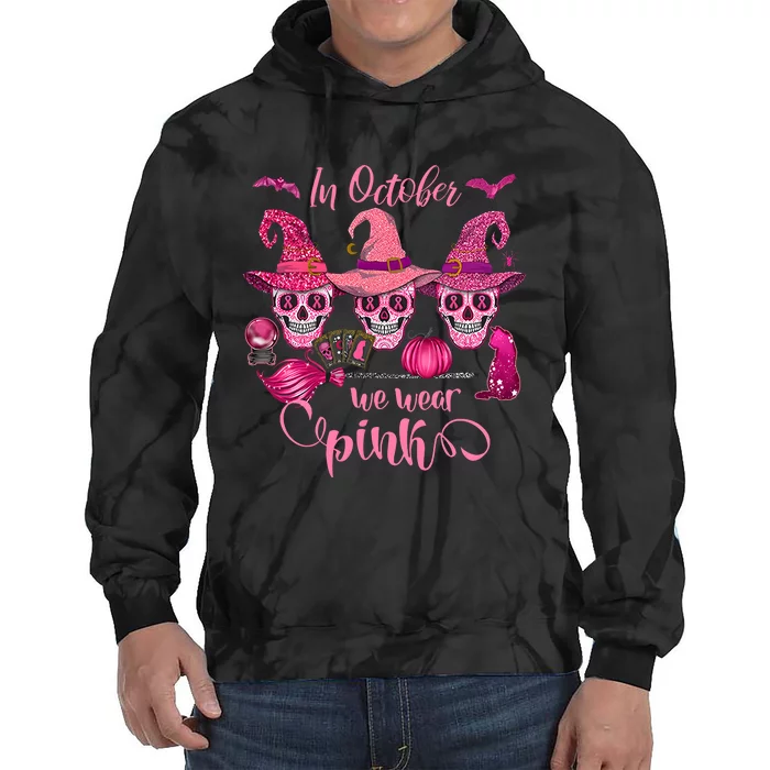 In October We Wear Pink Skull Witch Breast Cancer Awareness Tie Dye Hoodie