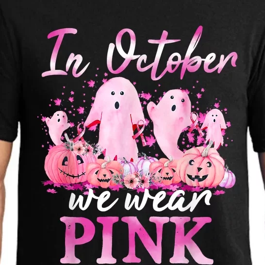 In October We Wear Pink Ghost Pumpkin Breast Cancer Warrior Pajama Set