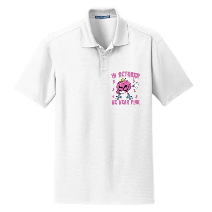 In October We Wear Pink Breast Cancer Pumpkin Halloween Dry Zone Grid Performance Polo