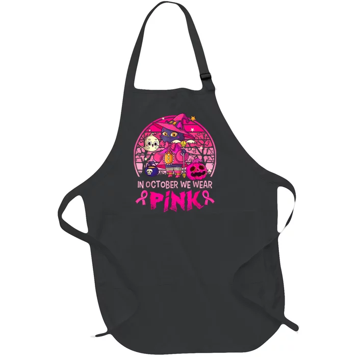 In October We Wear Pink Witch Cat Breast Cancer Awareness Full-Length Apron With Pocket