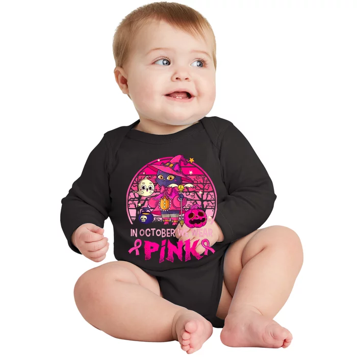 In October We Wear Pink Witch Cat Breast Cancer Awareness Baby Long Sleeve Bodysuit