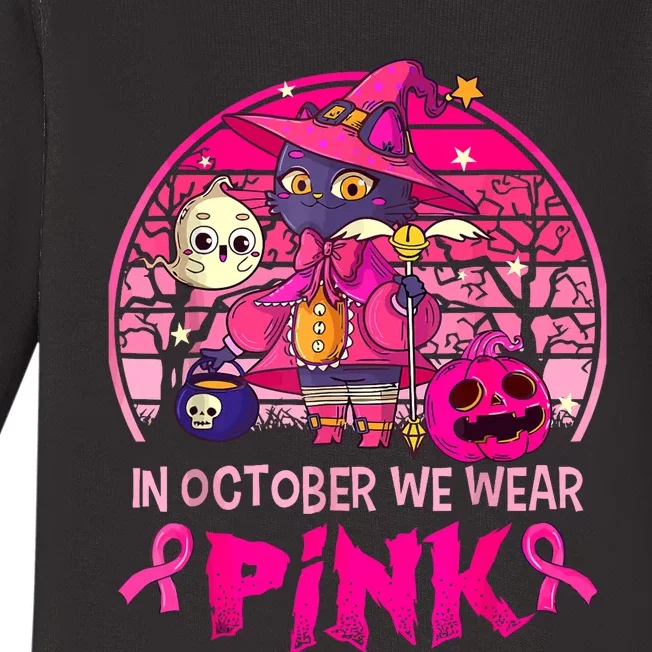 In October We Wear Pink Witch Cat Breast Cancer Awareness Baby Long Sleeve Bodysuit