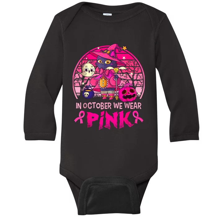 In October We Wear Pink Witch Cat Breast Cancer Awareness Baby Long Sleeve Bodysuit