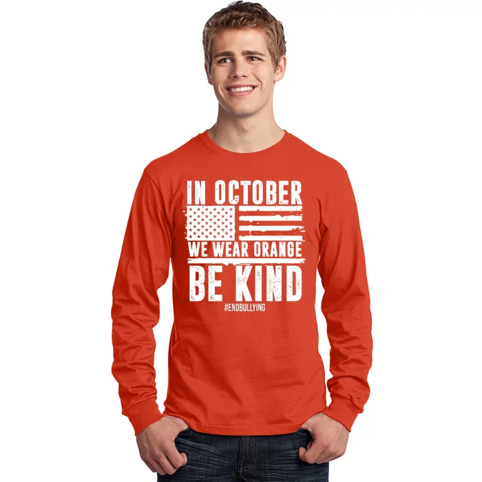 In October We Wear Orange Be Kind End Bullying Usa Flag Unity Day Long Sleeve Shirt