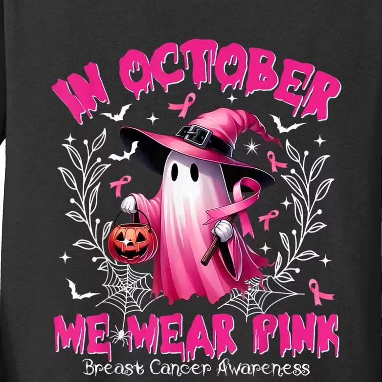 In October We Wear Ghost Witch Breast Cancer Awareness Kids Long Sleeve Shirt