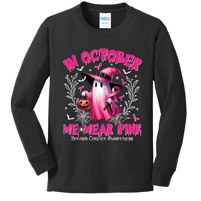 In October We Wear Ghost Witch Breast Cancer Awareness Kids Long Sleeve Shirt