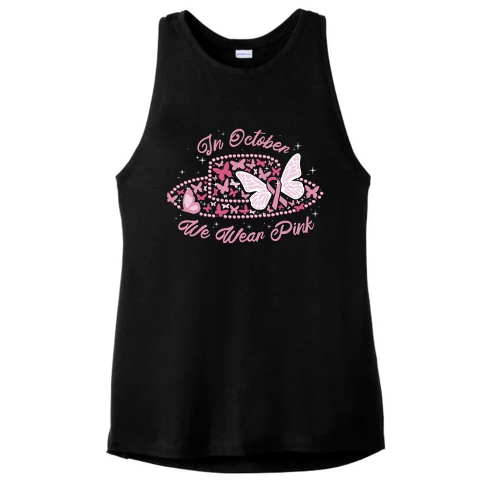 In October We Wear Pink Butterfly Ribbon Ladies Tri-Blend Wicking Tank