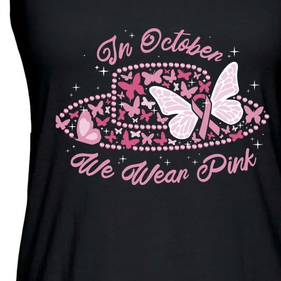 In October We Wear Pink Butterfly Ribbon Ladies Essential Flowy Tank