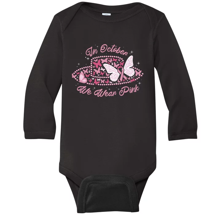 In October We Wear Pink Butterfly Ribbon Baby Long Sleeve Bodysuit